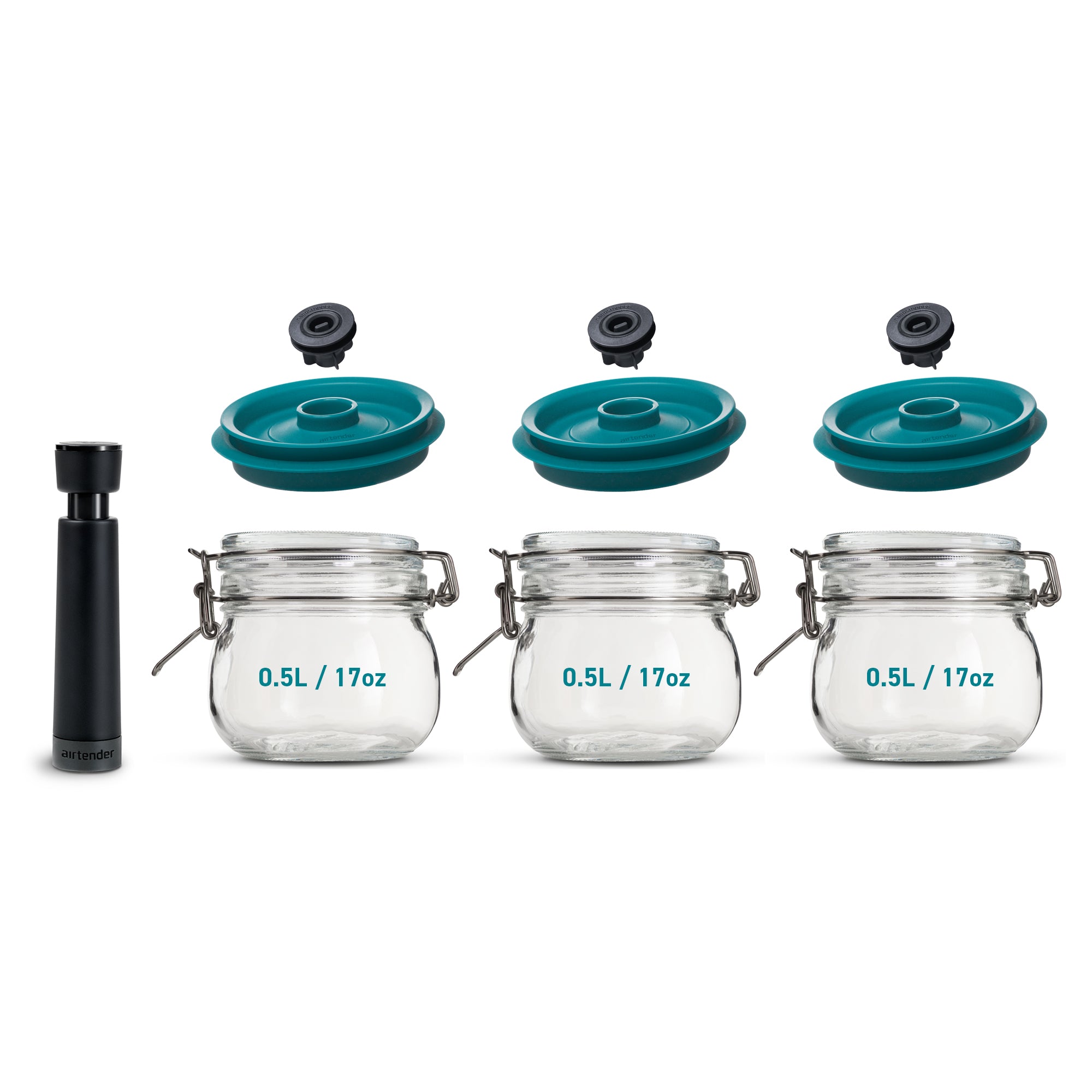 Vakuumset für Weckgläser - 3er-Set Kilner®-Gläser 0,5L/17oz mit Deckel und Vakuumpumpe